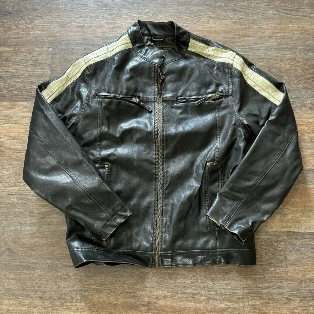 Vintage Arizona Faux Leather Jacket M Cafe Racer Moto Biker Striped Black Mens - Picture 2 of 8